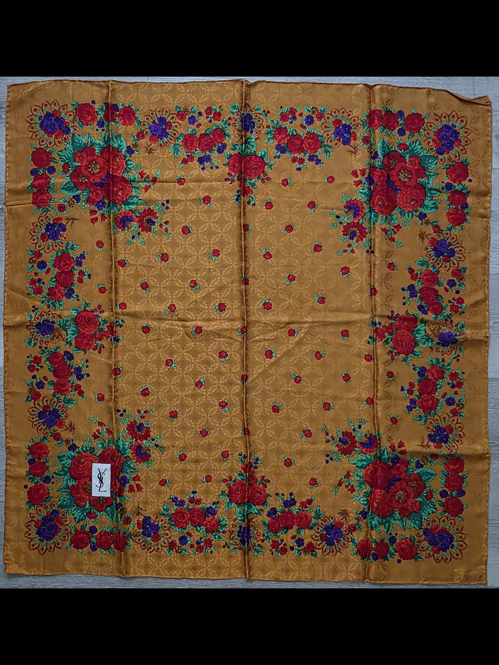 Auth YSL Saint Laurent Floral Blooms Silk Scarf